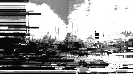 Fototapeta premium Glitchy distorted cityscape with horizontal lines and pixelation effects in grayscale colors