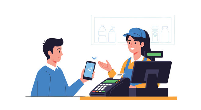 Male customer making a contactless payment with his smartphone at a store checkout with a friendly female cashier.