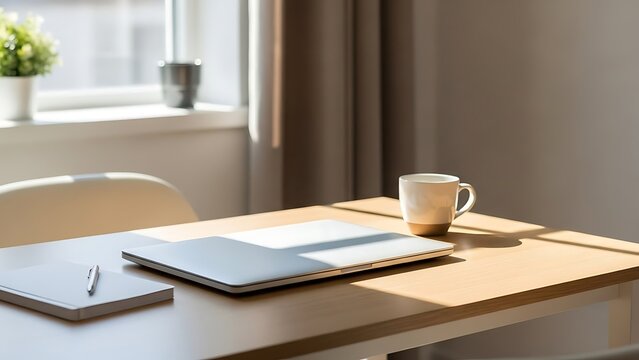 Workspace with laptop and coffee cup on wooden desk near window with natural light a notebook pen and plant creating a comfortable indoor setting