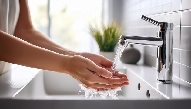 hands being washed under white modern faucet in bright bathroom