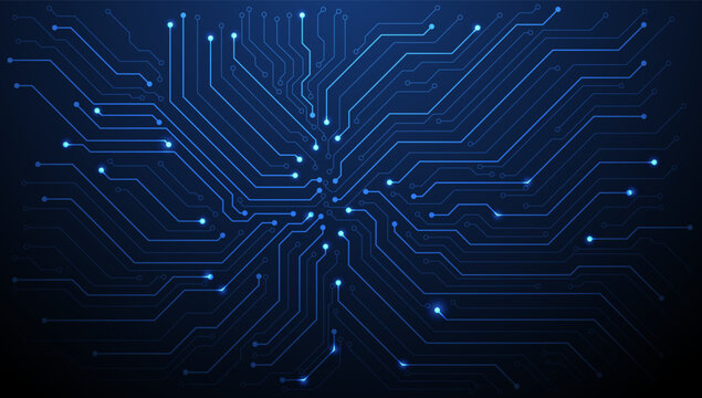 Blue glowing circuit board lines network on dark background. Connection and data transmission concept. Vector eps10.