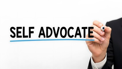 Professional writing the words self advocate on a clear surface with a blue line underneath symbolizing personal empowerment and professional development goals.