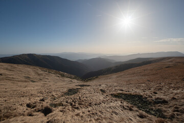 View of golden grasses blanket rolling hills under a bright sun, casting long shadows and creating a serene, expansive landscape, Nizke Tatry, Banskobystricky kraj, Slovakia.
