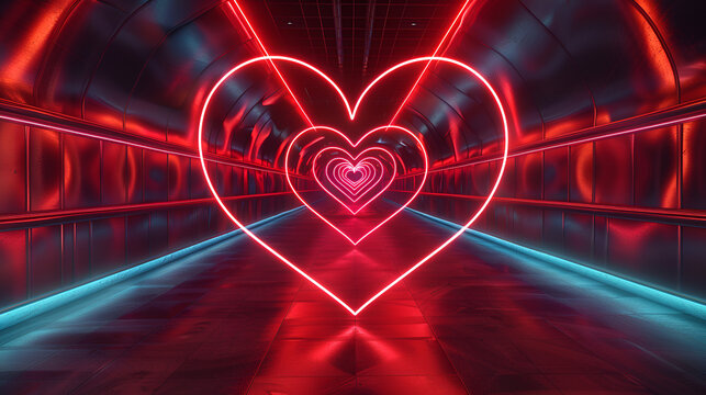 Neon heart shapes glowing in dark futuristic tunnel with red and blue lights