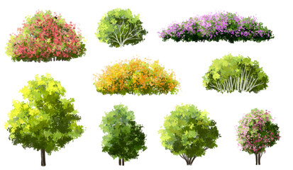 Obraz premium Vertor set of green tree,plants side view for landscape elevations,element for backdrop,eco environment concept design,watercolor greenery scene,shrub