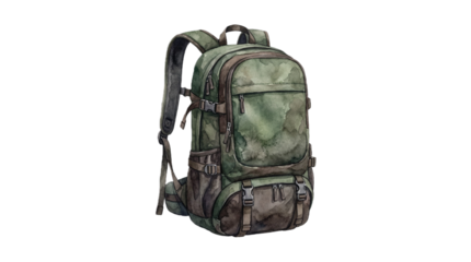 A green camouflage backpack on transparent background
