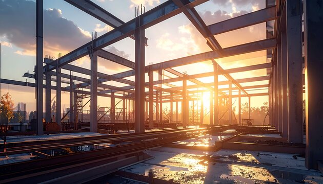 A steel framework of a construction site is illuminated by a warm sunset, creating a dramatic and dynamic scene