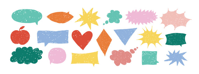Colored speech bubble set with chalk texture, funny geometric bubble shapes for text, a collection of text boxes with circles, stars, and hearts. Vector illustration.