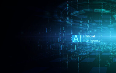 Obraz premium AI Artificial Intelligence with binary code and digital interface on dark background. Future technology concept. Vector eps10.
