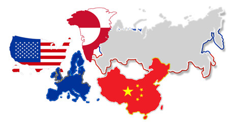 Obraz premium abstract flag colors of USA and Europe and China and Russia, simplified symbol shape of the map