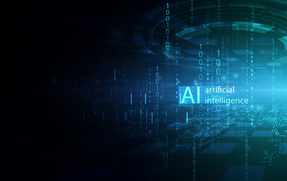 AI Artificial Intelligence with binary code and digital interface on dark background. Future technology concept. Vector eps10.
