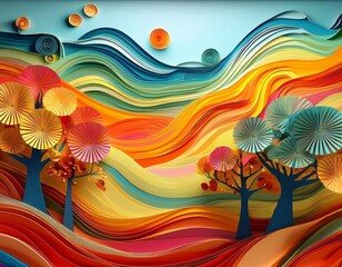 colorful paper art trees with spiral flowers create vibrant landscape of rolling hills in bright orange yellow green blue and red hues evoking cheerful and whimsical atmosphere