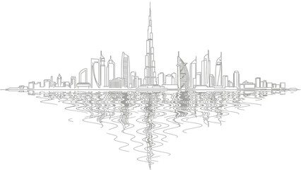 Obraz premium Dubai city skyline illustration with reflection on water.