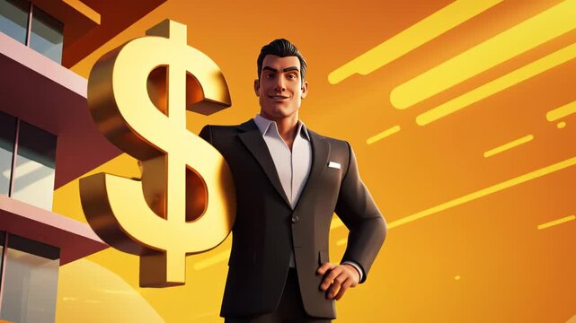 Businessman on building with dollar sign