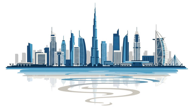 Dubai city skyline with modern skyscrapers and iconic buildings.