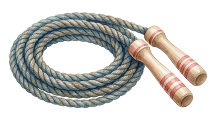 A coiled jump rope with wooden handles on transparent background