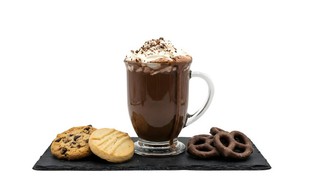 Glass mug of hot chocolate with whipped cream and cookies on slate on isolated background