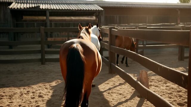 Horses in a Sunny Ranch Corral with Wooden Fencing