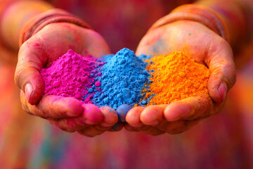 Colorful Holi Festival Powder in Hands - Pink, Blue, Orange