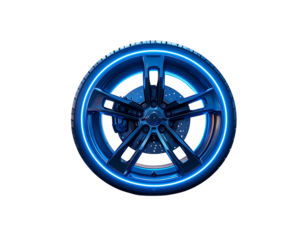 Futuristic Electric Car Wheel with Glowing Neon Rim, isolated on a transparent background”