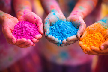 Holi Festival Colors - Pink, Blue, Orange Powder in Hands