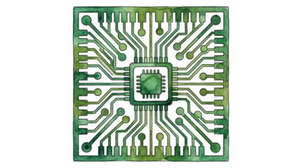 A green circuit board on a transparent background, showcasing intricate electronic pathways and a central microchip