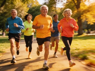Senior healthy group jogging together at park