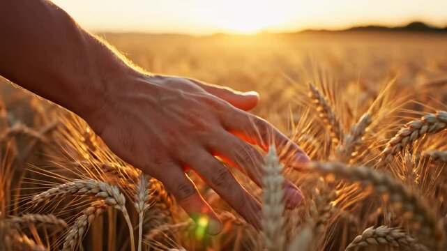 Hand touching wheat field at sunset
