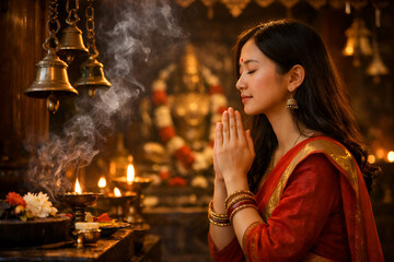 Woman Praying in Hindu Temple, Faith and Spirituality