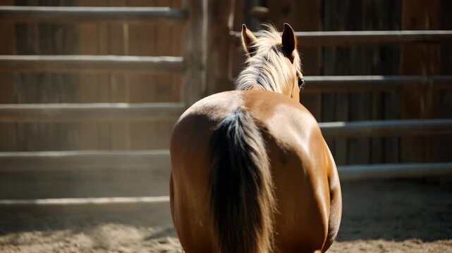 Rear view of a horse in a sunlit wooden corral