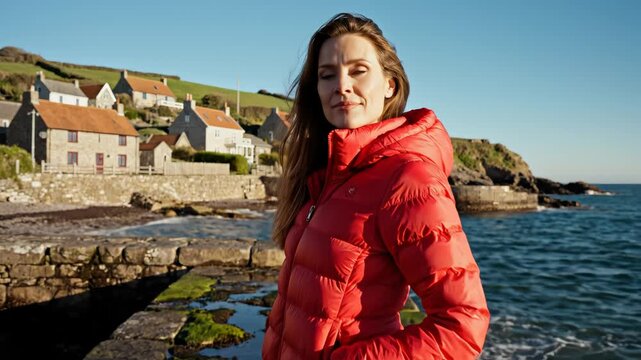 Woman in red jacket by coastal village