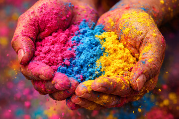 Holi Festival: Hands Holding Colorful Holi Powder. Indian Festival of Colors Celebration