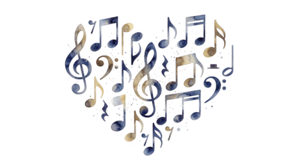 A heart shape made of blue and gold musical notes on transparent background