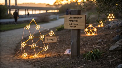 Golden Hour Light Installation Featuring Collaboration and Synergy Signs