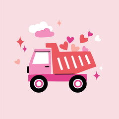 Valentine's Day construction dumper design on isolated pink background. Hand drawn clipart with truck and hearts. 