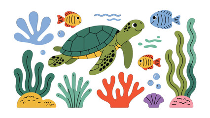 Fototapeta premium Underwater World Illustration: Delightful illustration of a cheerful sea turtle, swimming among colorful fishes and vibrant sea plants, creating a scene of marine life. 