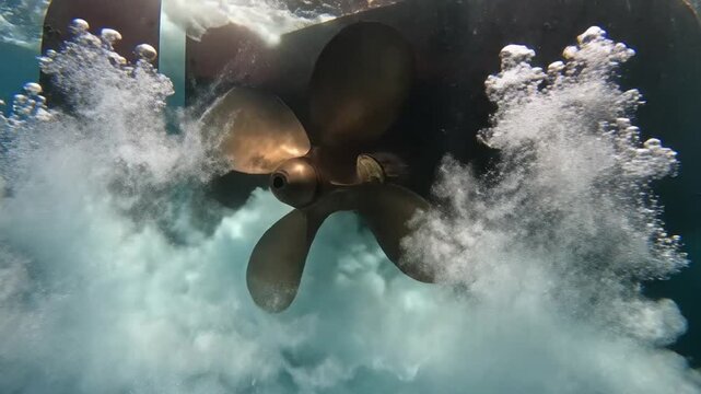 Dynamic underwater view of a powerful bronze boat propeller churning clear blue ocean water, generating a dramatic swirl of white bubbles and vigorous turbulence from beneath the vessel's hull