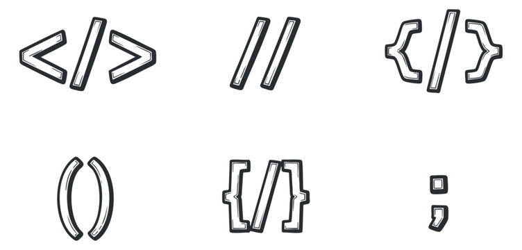 A collection of programming symbols including brackets, tags, and slashes in black and white outline vector style, ideal for software development and web design projects
