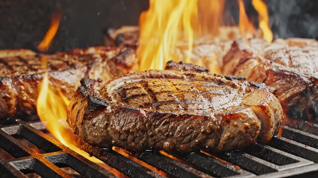 Grilled steaks on flaming grill