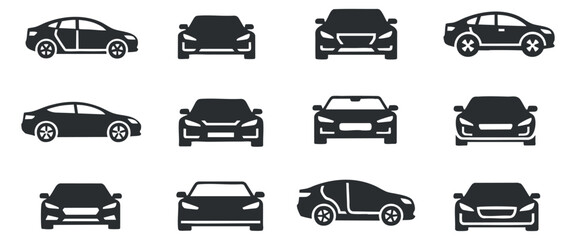 Obraz premium A set of various car silhouettes in black and white flat vector style, ideal for automotive design and branding