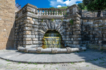 View of the Sistema delle Rampe del Poggi fountains and cascades in Florence, a historic hillside complex with ornamental water features and grottoes designed by Giuseppe Poggi in the 19th century.