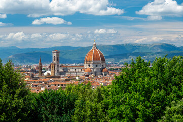 Panoramic view of Florence (Firenze), Italy, showing rooftops, landmarks like Palazzo Vecchio and Santa Maria del Fiore with its red dome, and hills with forests on a sunny summer day.