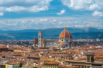 Panoramic view of Florence (Firenze), Italy, showing rooftops, landmarks like Palazzo Vecchio and Santa Maria del Fiore with its red dome, and hills with forests on a sunny summer day.