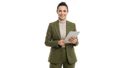 Professional woman in a green suit holding a tablet computer smiling confidently isolated on transparent background