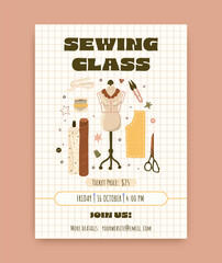 Sewing workshop template. Tailoring classes. Vector.