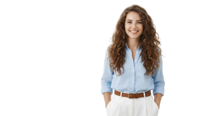 Smiling Woman in Blue Shirt and White Pants Posing with Hands in Pockets isolated on transparent background