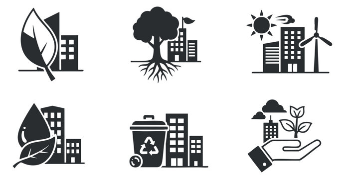 A collection of eco-themed icons including leaves, trees, and buildings in black and white minimal vector style, ideal for environmental projects