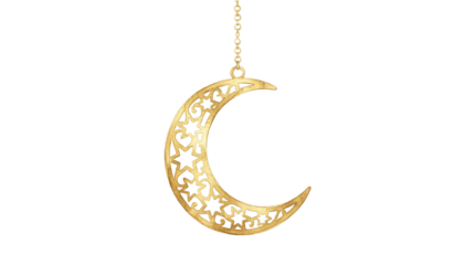 A gold crescent moon pendant with intricate star designs hangs from a chain on transparent background
