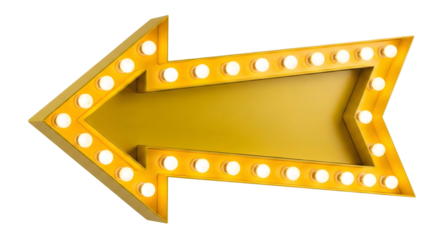 Vintage Marquee Arrow Sign with Illuminated Bulbs Pointing Left Advertising Direction Retro Entertainment Decor isolated on transparent background