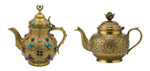 Ornate antique brass Arabic teapot and coffee pot with gemstones and engravings on isolated background
